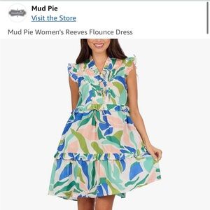 Mud Pie Women’s Reeves Flounce Dress: Blue and Green Flutter Sleeve Sundress